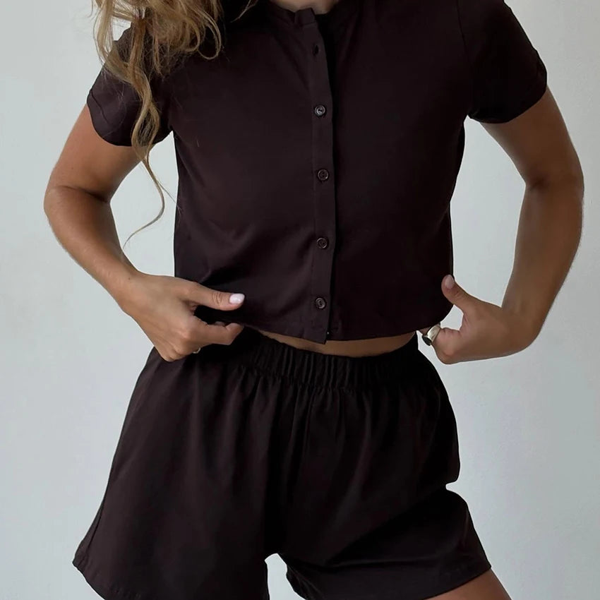Hiloc Brown Casual Loose Elastic Women'S Two-Piece Single-Breasted Short-Sleeved Top Elastic Waist Shorts 2026 Fall Shorts Suits