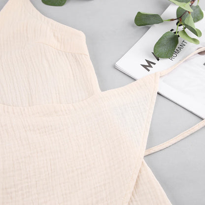 Hiloc Apricot Elegant Pure Cotton Short Dresses Summer Woven Loose High-Slit Lace-Up Nightgowns Spaghetti Strap Woman Sleepdress