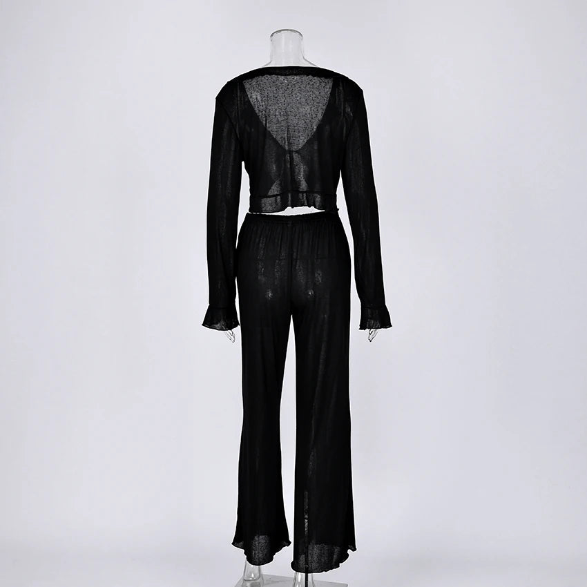HiLoc Sexy V-Neck Knitted Thin Trousers Pajamas Women Casual Lace-Up Crop Tops With Loose Long Pants Sleepwears White Suits 2026