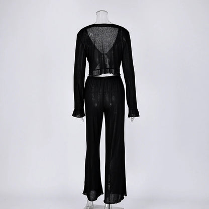 HiLoc Sexy V-Neck Knitted Thin Trousers Pajamas Women Casual Lace-Up Crop Tops With Loose Long Pants Sleepwears White Suits 2026