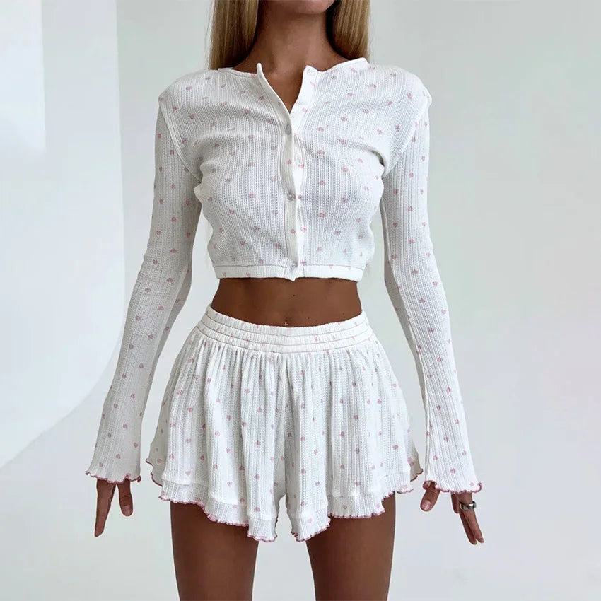 Hiloc Casual Knit Crop Top Print Pajamas Home Ruffles Tops With Wide Leg Shorts 2 Piece Sets O Neck Cute Sleepwear Female 2025