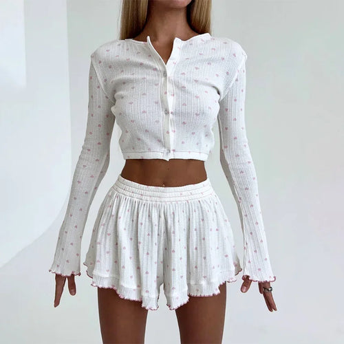 Hiloc Casual Knit Crop Top Print Pajamas Home Ruffles Tops With Wide Leg Shorts 2 Piece Sets O Neck Cute Sleepwear Female 2025