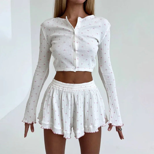 Hiloc Casual Knit Crop Top Print Pajamas Home Ruffles Tops With Wide Leg Shorts 2 Piece Sets O Neck Cute Sleepwear Female 2025