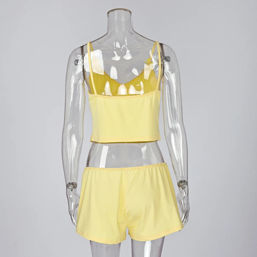 Hiloc Summer Knit Sport Shorts Sets Casual Spaghetti Strap Pajamas With Elastic Waist Shorts 2 Piece 2025 Home Outfits Yellow