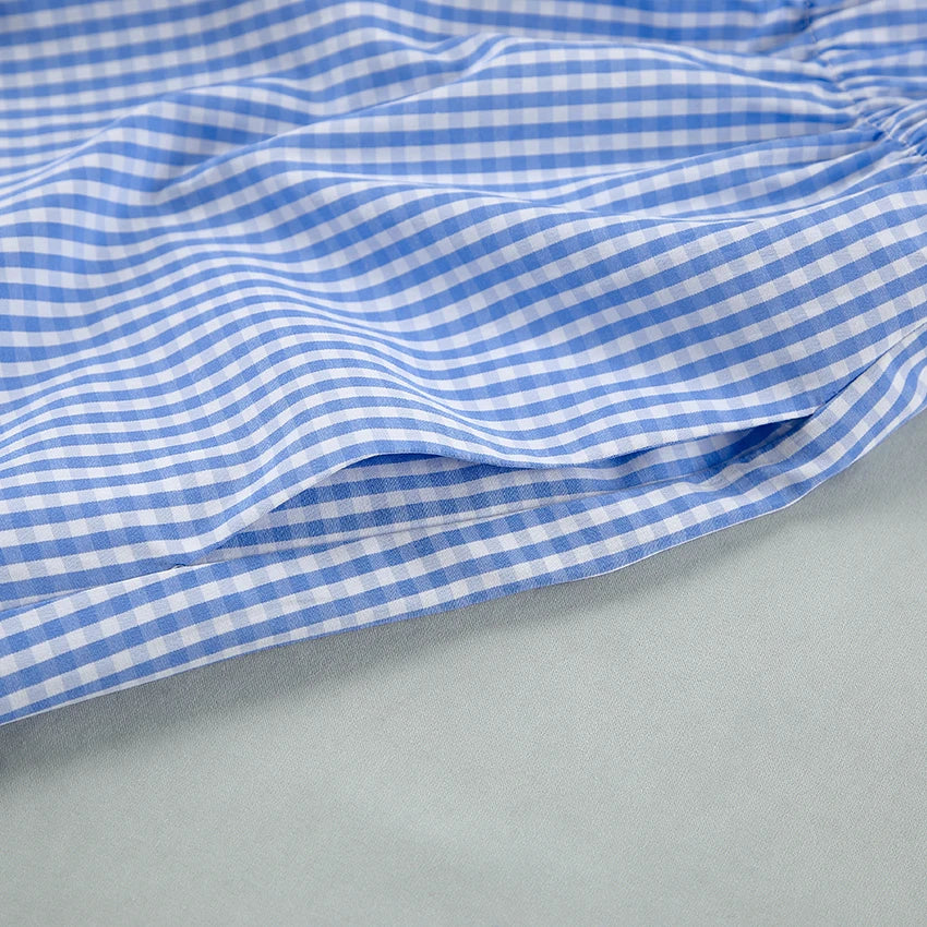 Hiloc Summer Blue Plaid Shorts Women's Sets Short Sleeve Home Suit For Women Round Neck Lacing Casual Lingerie For Ladies 2025