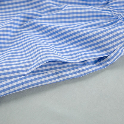 Hiloc Summer Blue Plaid Shorts Women's Sets Short Sleeve Home Suit For Women Round Neck Lacing Casual Lingerie For Ladies 2025
