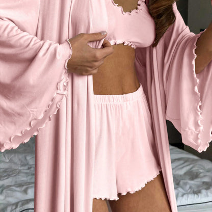 HiLoc Soft Drape Fabric Women's 3 Piece Pajama Set Ruffle Trim Cami Top Shorts With Belted Robe Sleepwear Loungewear Gift 2026