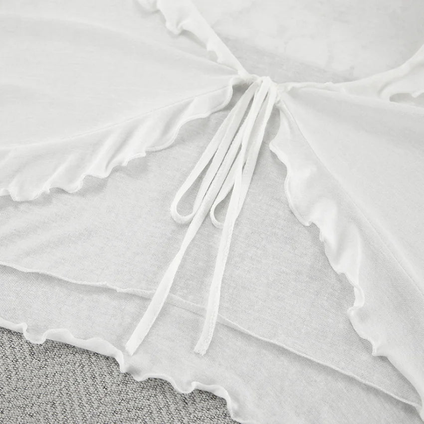 HiLoc Sexy V-Neck Knitted Thin Trousers Pajamas Women Casual Lace-Up Crop Tops With Loose Long Pants Sleepwears White Suits 2026