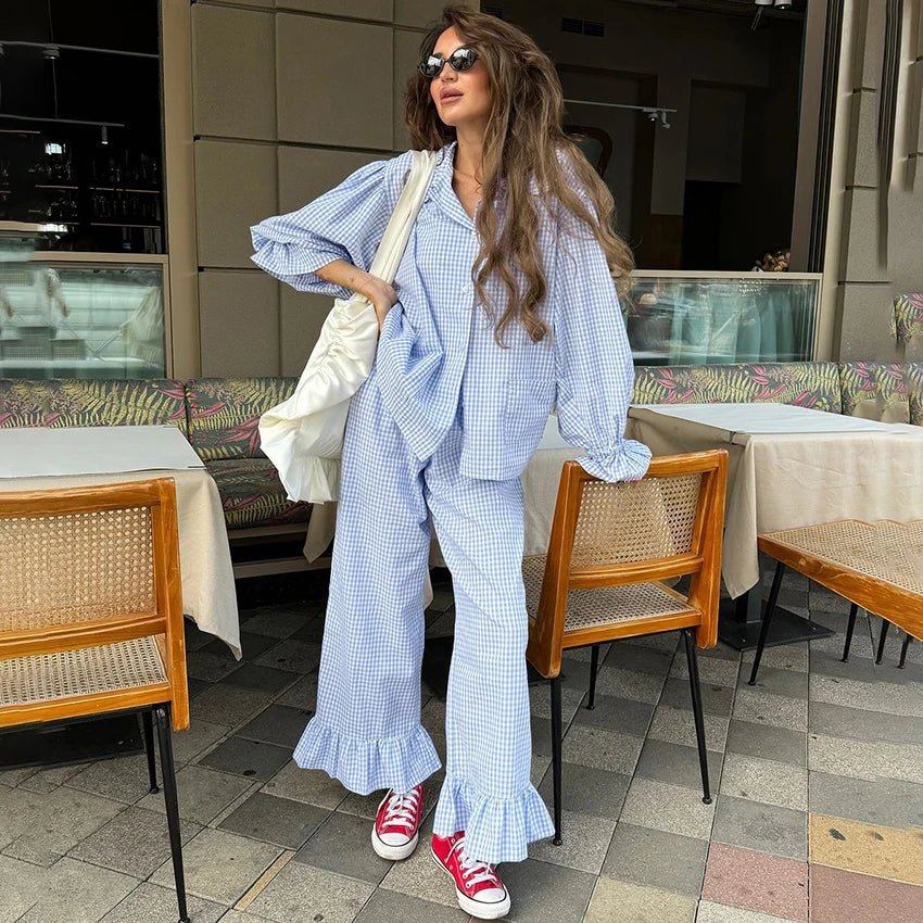 HiLoc Plaid Sleepwear Women Pajama Long Pants Sets Long Sleeve Casual 2 Pieces Night Wears Summer Korean Casual Home Suit 2026