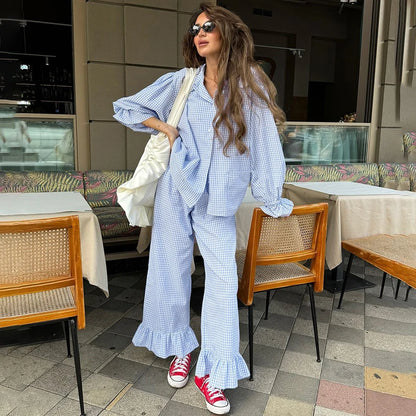 HiLoc Plaid Sleepwear Women Pajama Long Pants Sets Long Sleeve Casual 2 Pieces Night Wears Summer Korean Casual Home Suit 2026