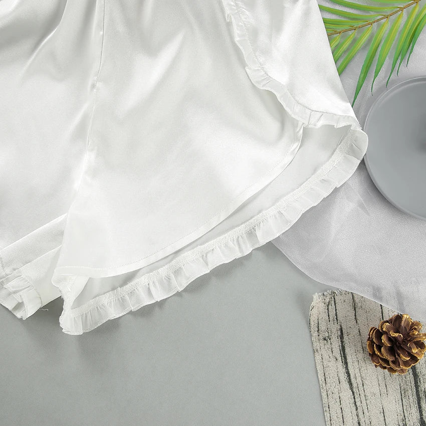 Hiloc Summer Sexy Satin Bra Suits Casual Elastic Waist Shorts And Lace Up Top 2 Piece Set Women 2025 Home Ruffles Outfits Female