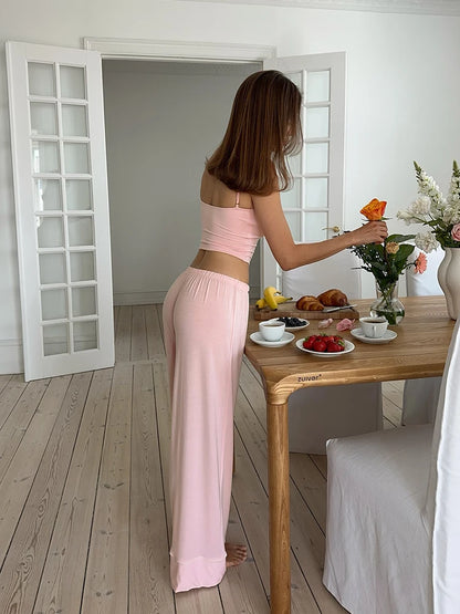 Hiloc Cute Woman Pink Spaghetti Strap Bow Top Suit Elastic Drawstring Floor-Length Pants Sets V-Neck Home Pullover Pajama Outfit