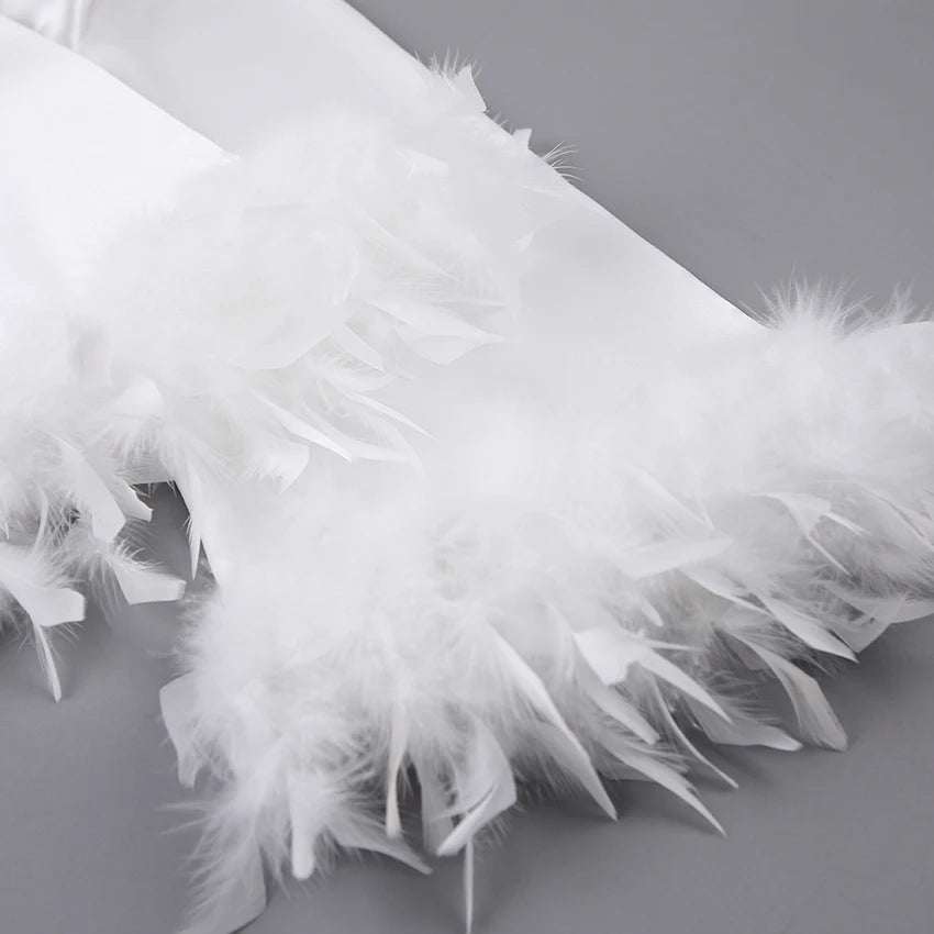 HiLoc 2025 Elegant Satin With Feather Long Robe Spring Sexy Lace Up White Silk Nightgown Female Home Wrap Robe Pajamas Women
