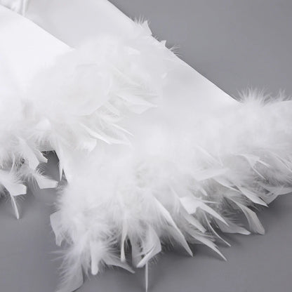 HiLoc 2025 Elegant Satin With Feather Long Robe Spring Sexy Lace Up White Silk Nightgown Female Home Wrap Robe Pajamas Women