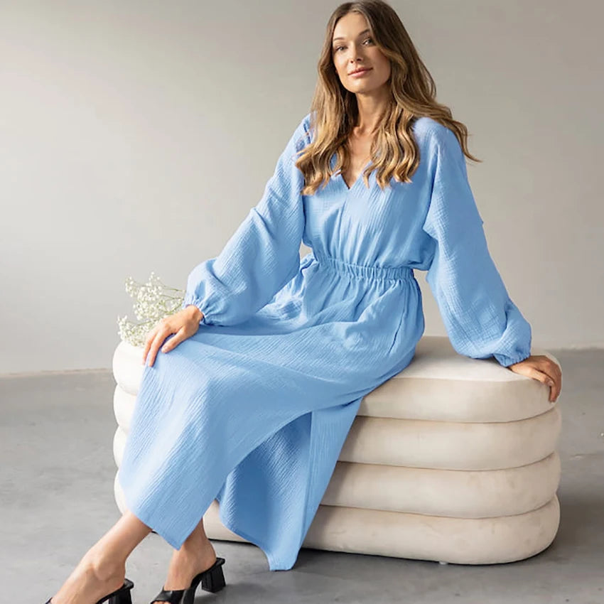 Hiloc Elegant Mid-Calf Blue Nightgowns Pure Cotton V-Neck Summer Lantern Sleeve Night Dress Folds Slit Pockets Nightdress Woman