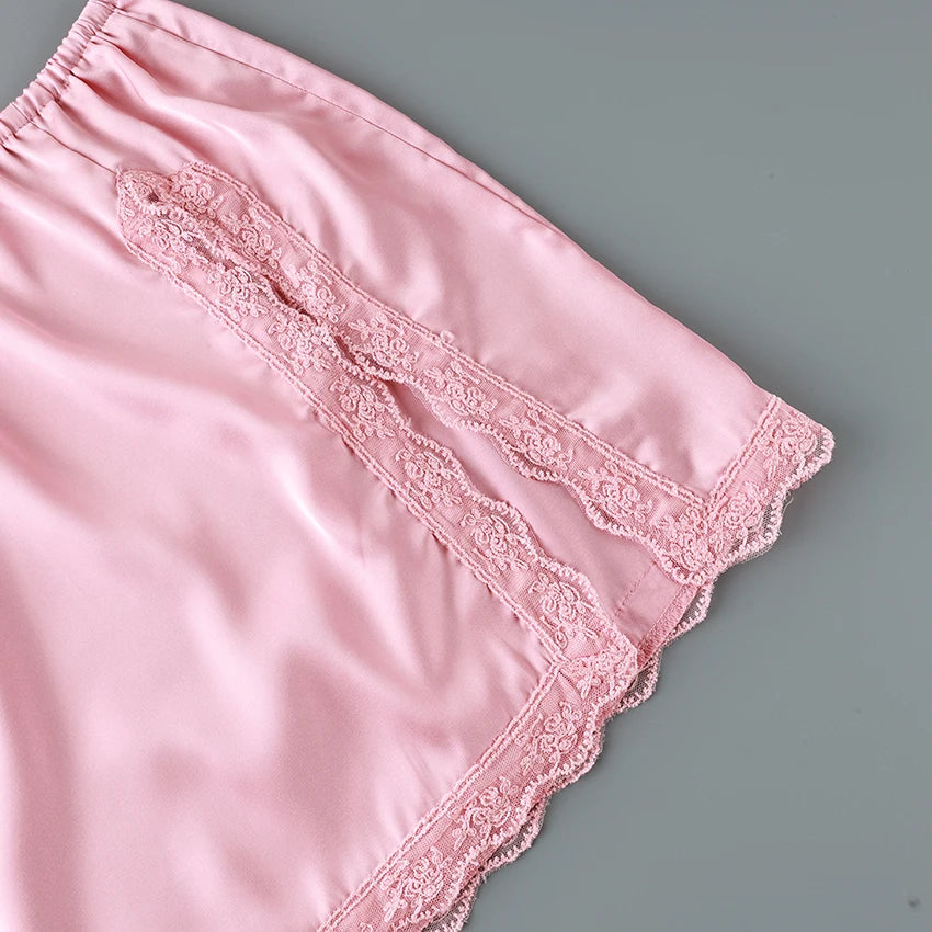 Hiloc Pink Elegant Satin Women's 3 Piece Set Pajamas Sexy Lace High Waist Split Skirts With Long Robe Bra Loungewear 2026 Spring