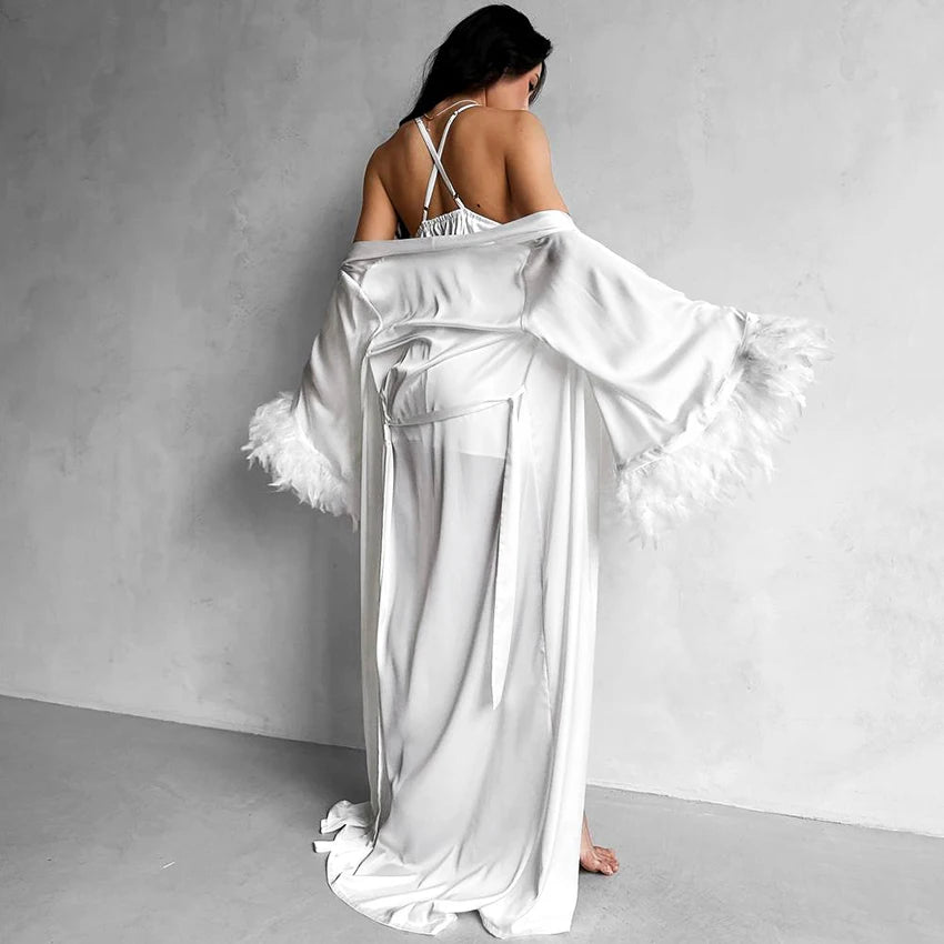 HiLoc Elegant White With Feather Nightgown Suits Sexy Spaghetti Strap Robe With Long Sleeve Sleepwear Two Piece Sets Women 2026