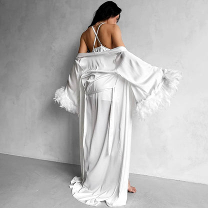 HiLoc Elegant White With Feather Nightgown Suits Sexy Spaghetti Strap Robe With Long Sleeve Sleepwear Two Piece Sets Women 2026