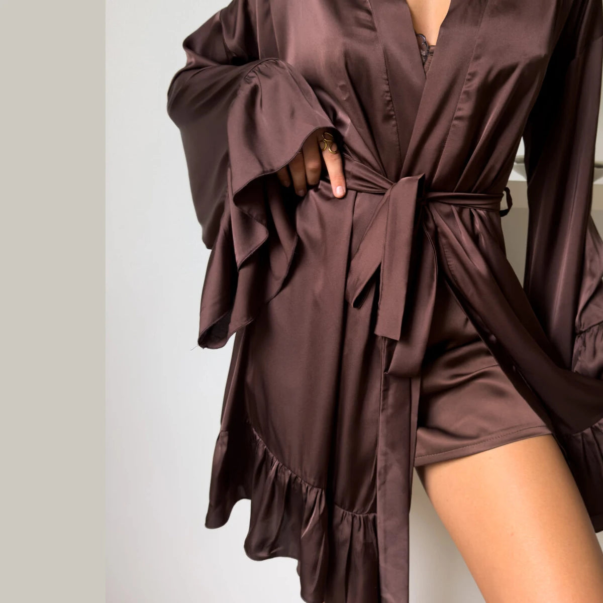 Hiloc Women 2 Piece Brown Satin Loungewear Set Lace Trim Slip Dress Ruffle Sleeve Robe Elegant Sleepwear 2026 Summer New