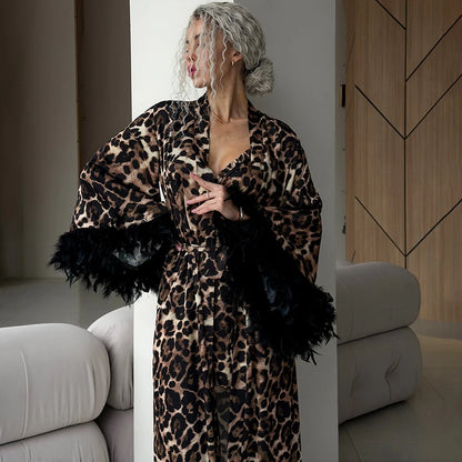 Hiloc Women's Sexy Leopard Print Satin 2 Piece Pajamas Set Feather Trim Robe Spaghetti Strap Slip Dress Loungewear 2026 New