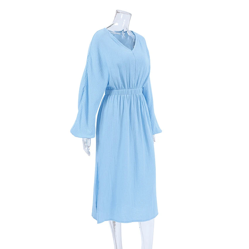 Hiloc Elegant Mid-Calf Blue Nightgowns Pure Cotton V-Neck Summer Lantern Sleeve Night Dress Folds Slit Pockets Nightdress Woman