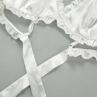 Hiloc Summer Sexy Satin Bra Suits Casual Elastic Waist Shorts And Lace Up Top 2 Piece Set Women 2025 Home Ruffles Outfits Female