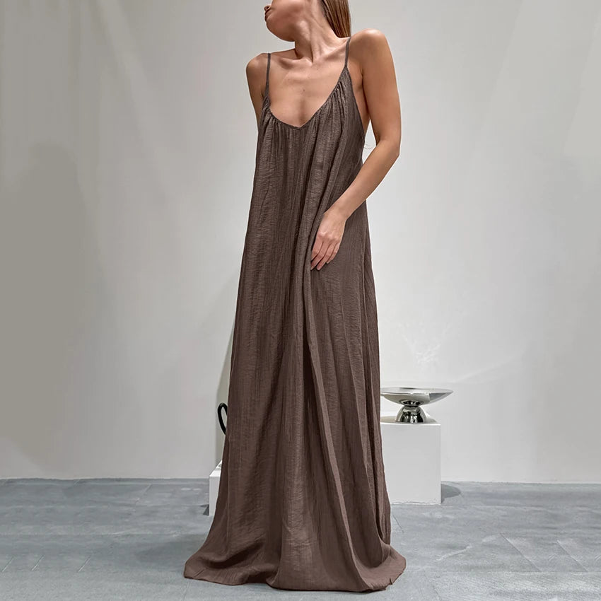 HiLoc Casual Loose Brown Long Robe Female 2026 Street Chic Apricot Backless Dress For Women Spring Casual Straight Nightgown
