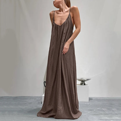 HiLoc Casual Loose Brown Long Robe Female 2026 Street Chic Apricot Backless Dress For Women Spring Casual Straight Nightgown
