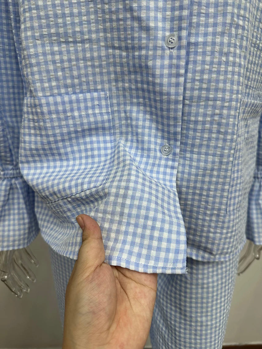 HiLoc Plaid Sleepwear Women Pajama Long Pants Sets Long Sleeve Casual 2 Pieces Night Wears Summer Korean Casual Home Suit 2026