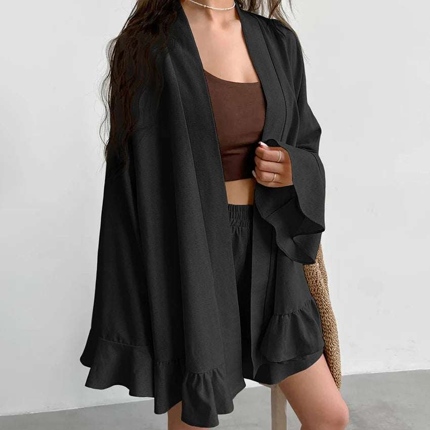 Hiloc Elegant Khaki Home Flare Sleeve V-Neck Belt Robe Suit Summer Loose Shorts Outfit Woman Ruffles Woven Pajama Set 2025 Solid