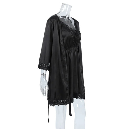 HiLoc Fashion Black Robe 2 Pieces Sleepwear 2025 Sexy Lace V Neck Mini Dress Women Casual Long Sleeve Robe Dresses Pajamas Lady