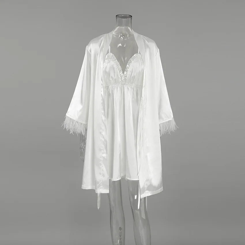 HiLoc 2026 Spring New Sexy Faux Silk Lace Pajama Set Women's Spaghetti Strap Nightdress Belted Robe 2 Piece Bridal Loungewear