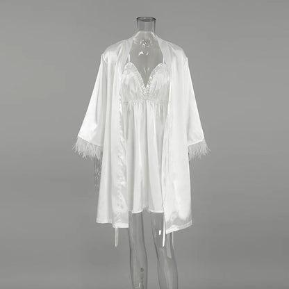 HiLoc 2026 Spring New Sexy Faux Silk Lace Pajama Set Women's Spaghetti Strap Nightdress Belted Robe 2 Piece Bridal Loungewear