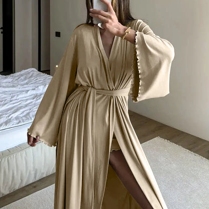 HiLoc Soft Drape Fabric Women's 3 Piece Pajama Set Ruffle Trim Cami Top Shorts With Belted Robe Sleepwear Loungewear Gift 2026