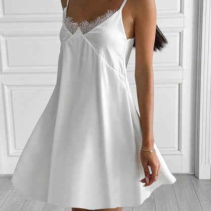 Hiloc Sexy White Spaghetti Strap Short Night Dresses Summer Woven Sleeveless Sleepdress Lace Pullover Ruched Backless Nightgowns