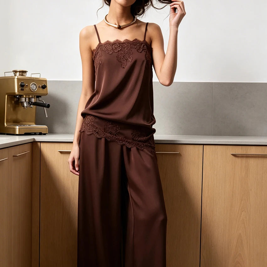 Hiloc Elegant Satin Long Pants Suit Women's Pajama Casual Lace Camisole With Elastic Waist Pants 2 Piece 2026 Summer Home Sets
