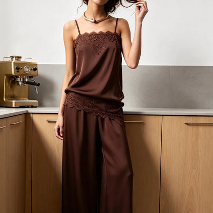 Hiloc Elegant Satin Long Pants Suit Women's Pajama Casual Lace Camisole With Elastic Waist Pants 2 Piece 2026 Summer Home Sets