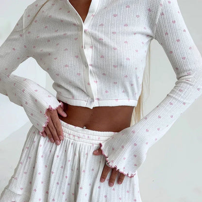 Hiloc Casual Knit Crop Top Print Pajamas Home Ruffles Tops With Wide Leg Shorts 2 Piece Sets O Neck Cute Sleepwear Female 2025