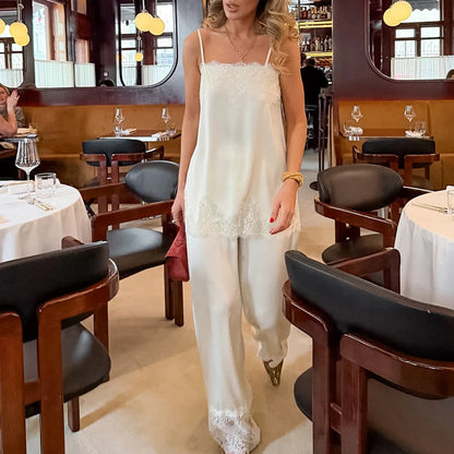 Hiloc Elegant Satin Long Pants Suit Women's Pajama Casual Lace Camisole With Elastic Waist Pants 2 Piece 2026 Summer Home Sets