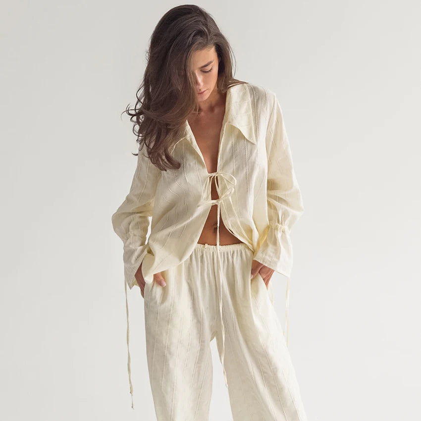 Hiloc Casual Apricot Long Drawstring Trousers Suits Women Street Chic Loose Lace Up Blouse With Pockets Pants 2 Piece Sets 2026