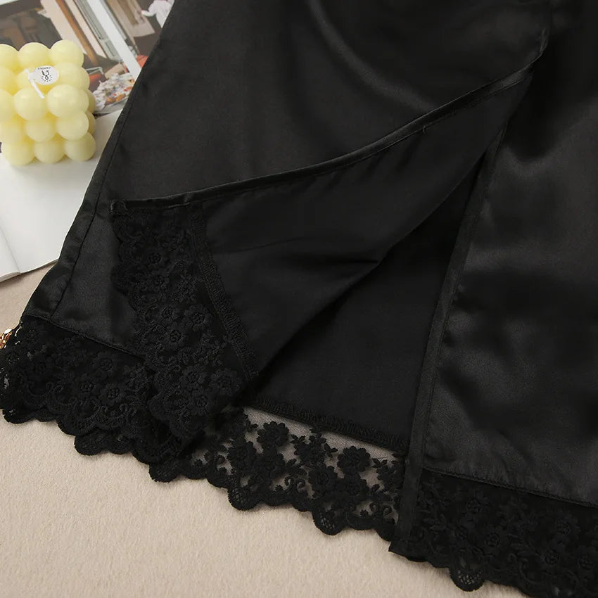 HiLoc Fashion Black Robe 2 Pieces Sleepwear 2025 Sexy Lace V Neck Mini Dress Women Casual Long Sleeve Robe Dresses Pajamas Lady
