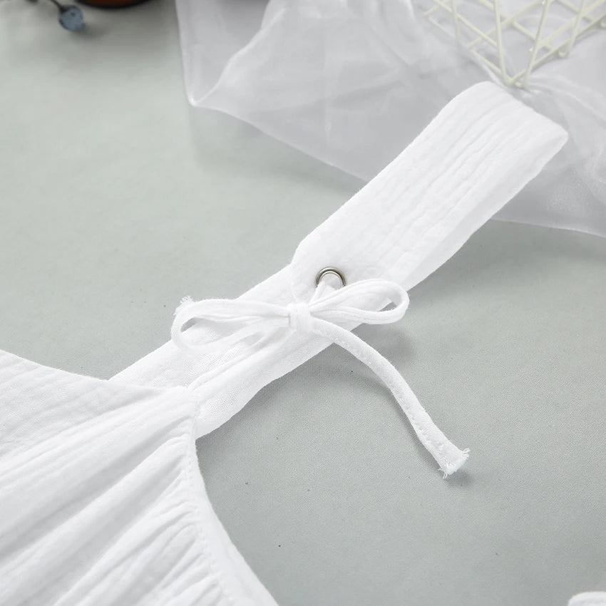 Hiloc White Pure Cotton Sweet Spaghetti Strap Mini Dress Summer Pullover Bow Backless Nightgowns Lace-Up Loose Night Dress Woman