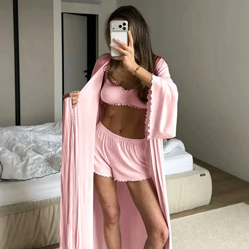 HiLoc Soft Drape Fabric Women's 3 Piece Pajama Set Ruffle Trim Cami Top Shorts With Belted Robe Sleepwear Loungewear Gift 2026