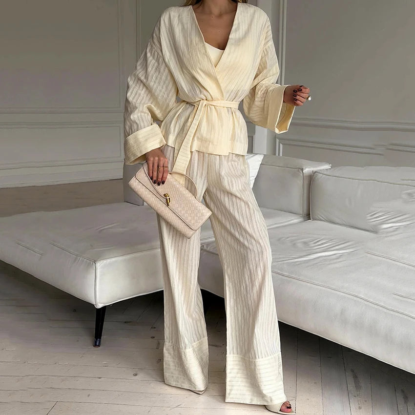 Hiloc Casual Stripe Trousers Outfits Pajamas Home V Neck Wrap Blouse With Elastic Waist Long Pants Female Two Piece Sets 2026