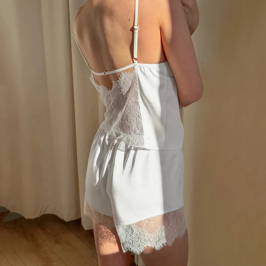 Hiloc Summer Sexy Lace Camisole Pajamas Suits Home Spaghetti Strap Tops With Elastic Waist Shorts 2 Piece Sets Satin Sleepwear