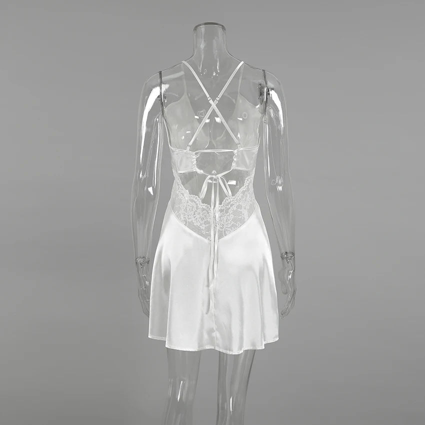 HiLoc 2025 Summer Sexy Lace Nightgown Robe With Belt Fashion Satin Long Sleeve Sleepwear Casual White Mini Dress For Women