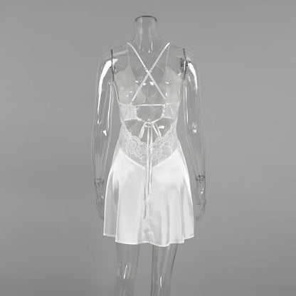 HiLoc 2025 Summer Sexy Lace Nightgown Robe With Belt Fashion Satin Long Sleeve Sleepwear Casual White Mini Dress For Women