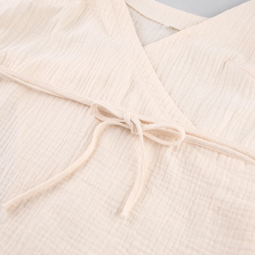 Hiloc Apricot Elegant Pure Cotton Short Dresses Summer Woven Loose High-Slit Lace-Up Nightgowns Spaghetti Strap Woman Sleepdress