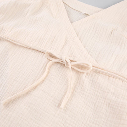 Hiloc Apricot Elegant Pure Cotton Short Dresses Summer Woven Loose High-Slit Lace-Up Nightgowns Spaghetti Strap Woman Sleepdress