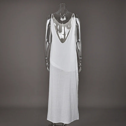 HiLoc Casual Loose White Long Dress Robe 2025 New Summer V Neck Dresses For Women Spring Sleeveless Straight Robes Nightgown